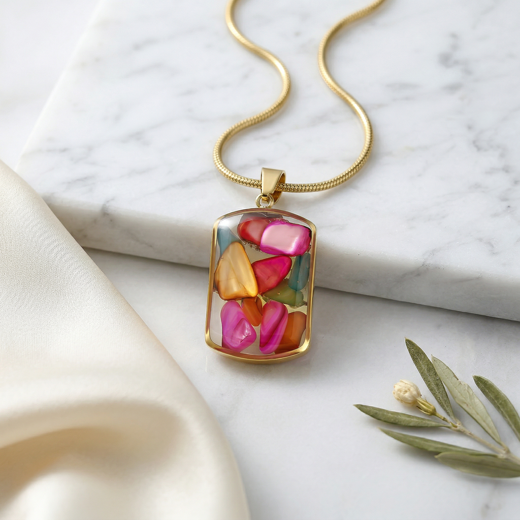Multicolor Gemstone Resin Pendant Necklace, Gold Snake Chain, Boho Statement Jewelry, Adjustable 15.5-17.5 Inch, Unique Gift for Her