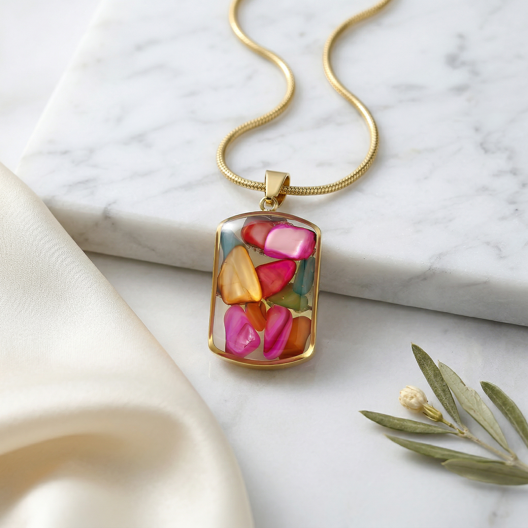 Multicolor Gemstone Resin Pendant Necklace, Gold Snake Chain, Boho Statement Jewelry, Adjustable 15.5-17.5 Inch, Unique Gift for Her