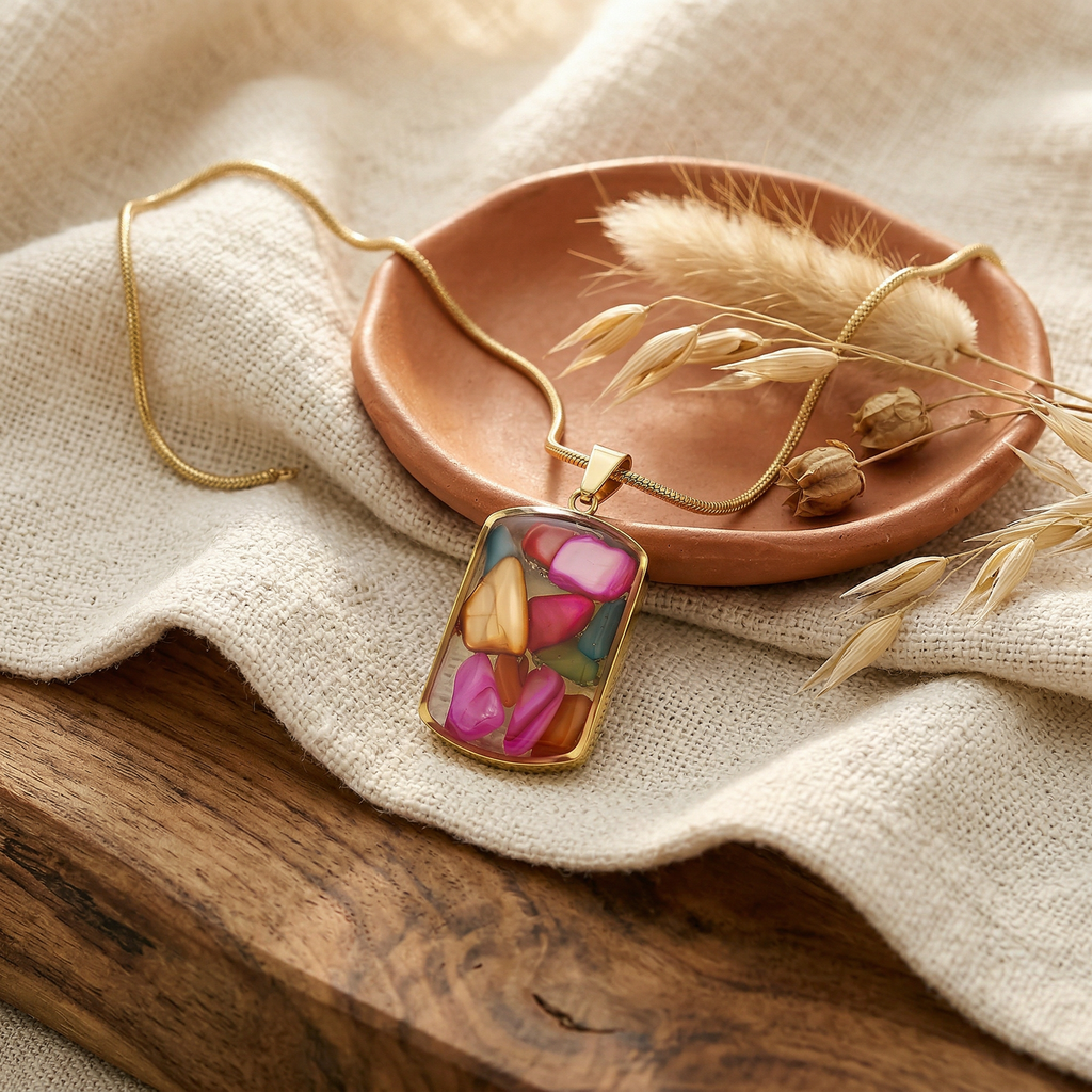 Multicolor Gemstone Resin Pendant Necklace, Gold Snake Chain, Boho Statement Jewelry, Adjustable 15.5-17.5 Inch, Unique Gift for Her