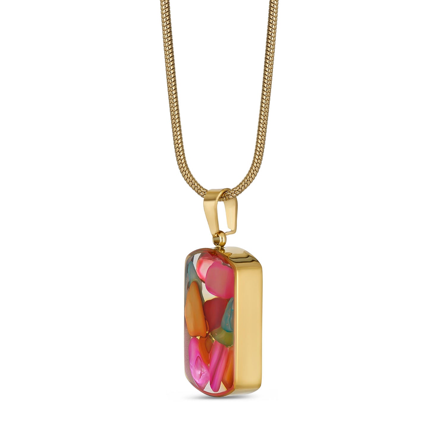 Multicolor Gemstone Resin Pendant Necklace, Gold Snake Chain, Boho Statement Jewelry, Adjustable 15.5-17.5 Inch, Unique Gift for Her