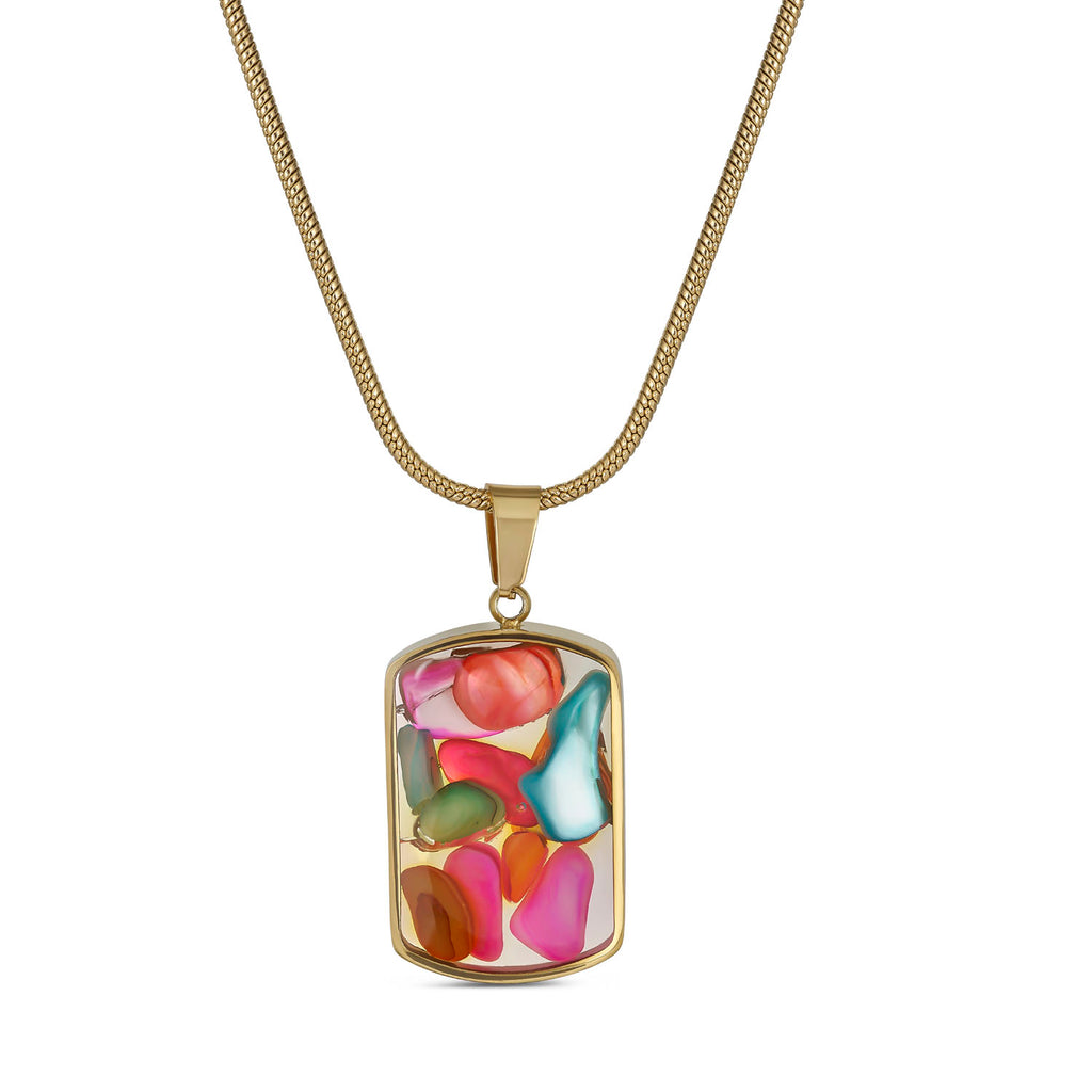 Multicolor Gemstone Resin Pendant Necklace, Gold Snake Chain, Boho Statement Jewelry, Adjustable 15.5-17.5 Inch, Unique Gift for Her
