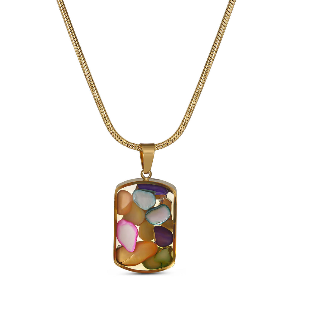 Multicolor Gemstone Resin Pendant Necklace, Gold Snake Chain, Boho Statement Jewelry, Adjustable 15.5-17.5 Inch, Unique Gift for Her