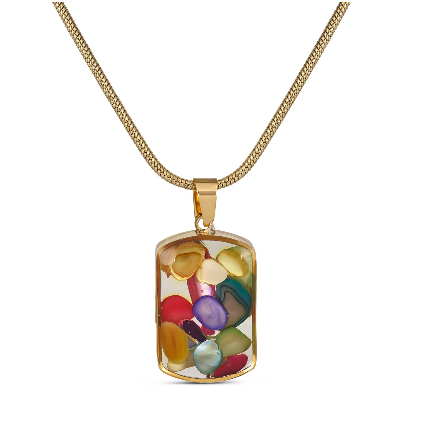 Multicolor Gemstone Resin Pendant Necklace, Gold Snake Chain, Boho Statement Jewelry, Adjustable 15.5-17.5 Inch, Unique Gift for Her