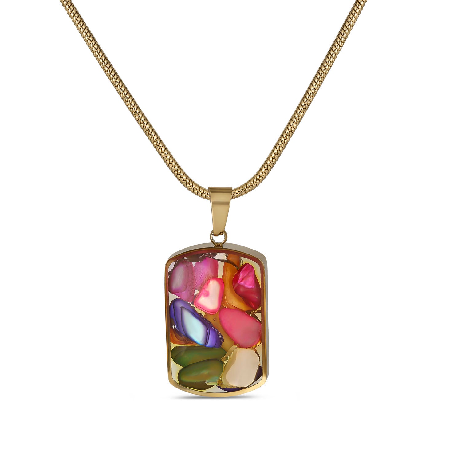 Multicolor Gemstone Resin Pendant Necklace, Gold Snake Chain, Boho Statement Jewelry, Adjustable 15.5-17.5 Inch, Unique Gift for Her