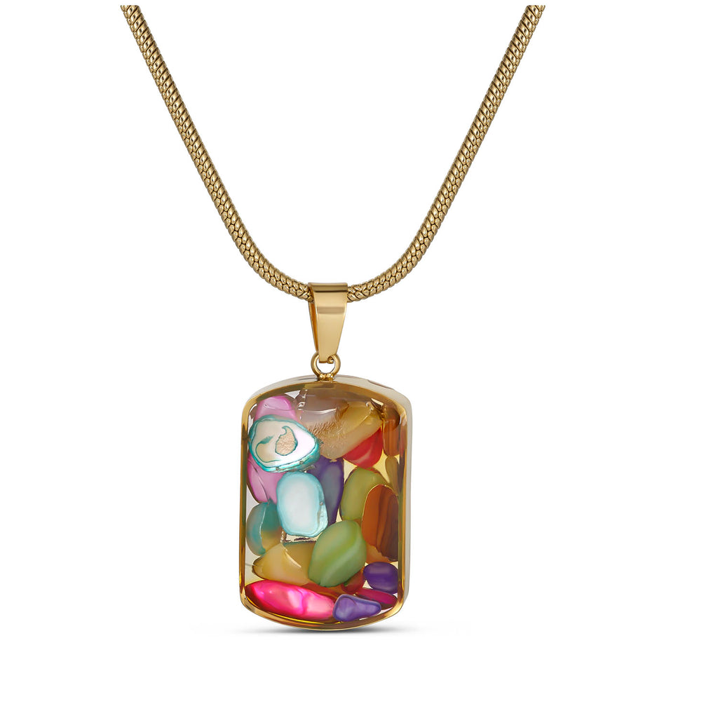Multicolor Gemstone Resin Pendant Necklace, Gold Snake Chain, Boho Statement Jewelry, Adjustable 15.5-17.5 Inch, Unique Gift for Her