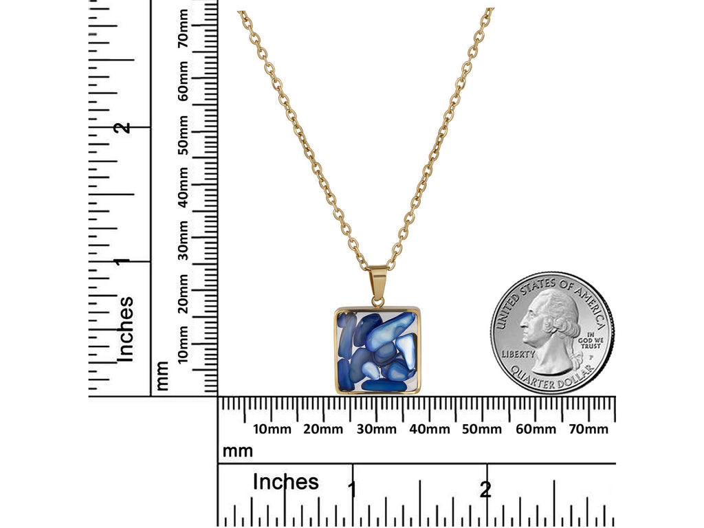 Blue Mosaic Pendant Necklace, 18K Gold Plated Stainless Steel, Square Gold Necklace, Adjustable Chain, Gift for Her