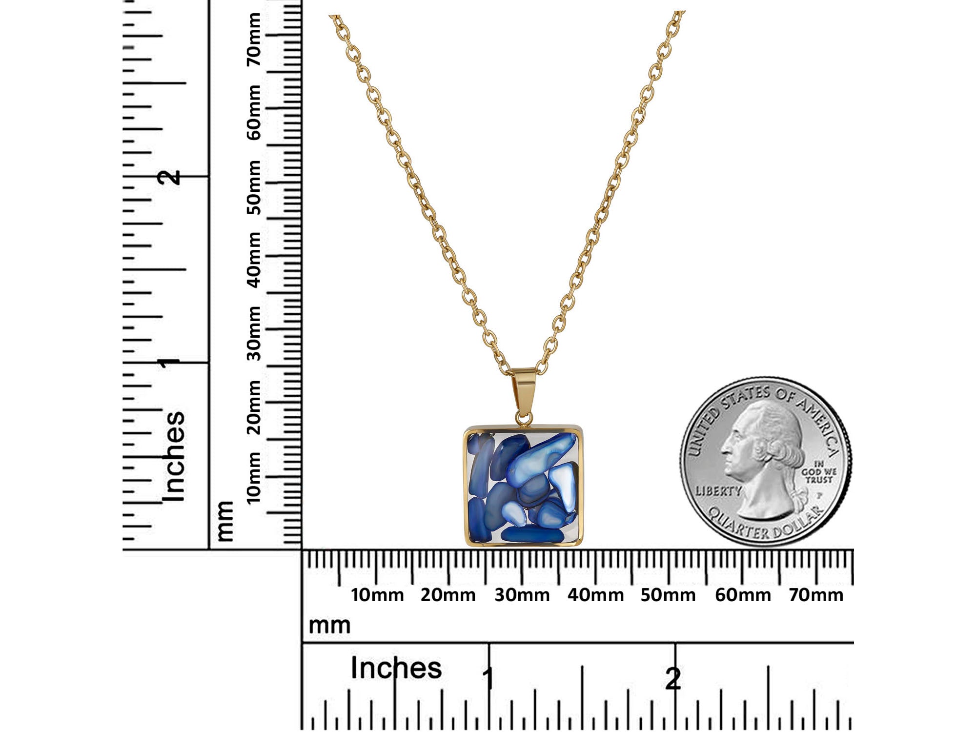 Blue Mosaic Pendant Necklace, 18K Gold Plated Stainless Steel, Square Gold Necklace, Adjustable Chain, Gift for Her