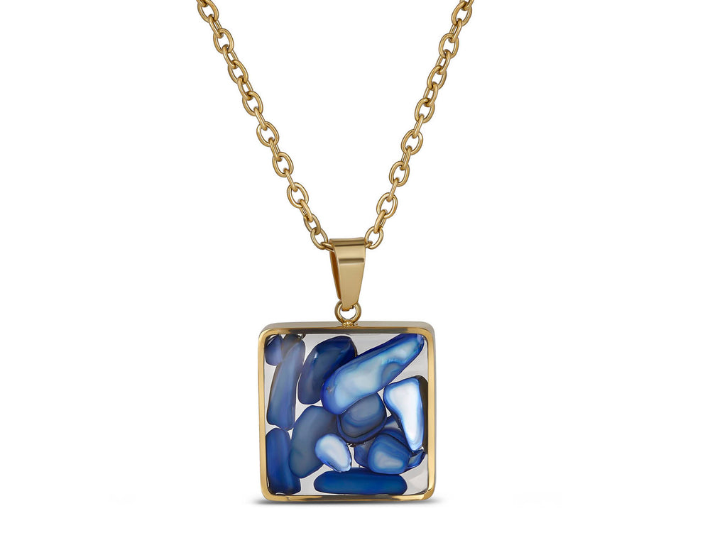Blue Mosaic Pendant Necklace, 18K Gold Plated Stainless Steel, Square Gold Necklace, Adjustable Chain, Gift for Her