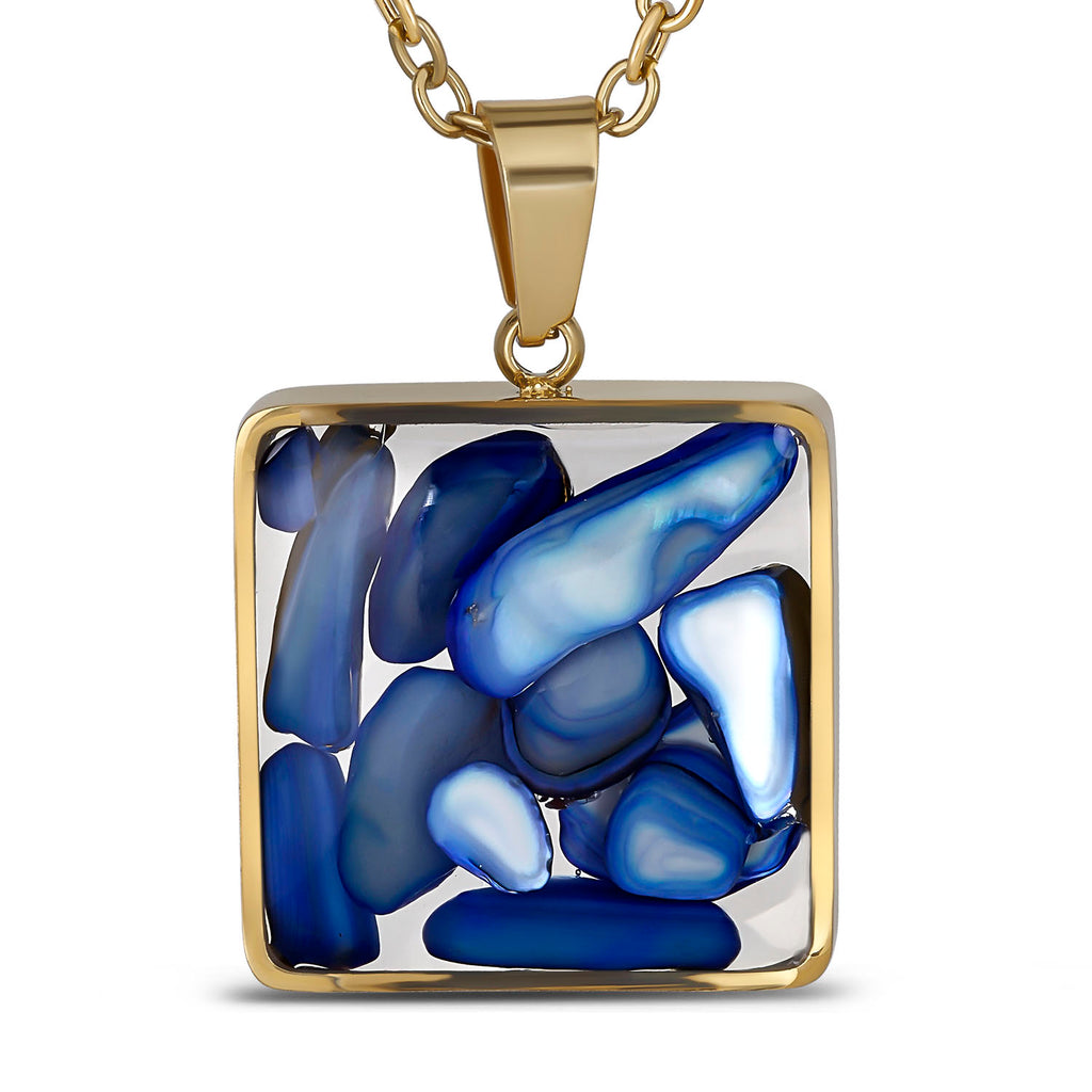 Blue Mosaic Pendant Necklace, 18K Gold Plated Stainless Steel, Square Gold Necklace, Adjustable Chain, Gift for Her
