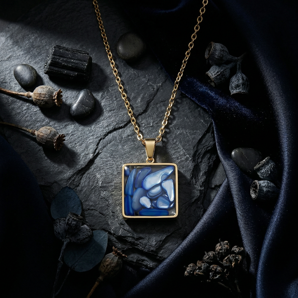 Blue Mosaic Pendant Necklace, 18K Gold Plated Stainless Steel, Square Gold Necklace, Adjustable Chain, Gift for Her