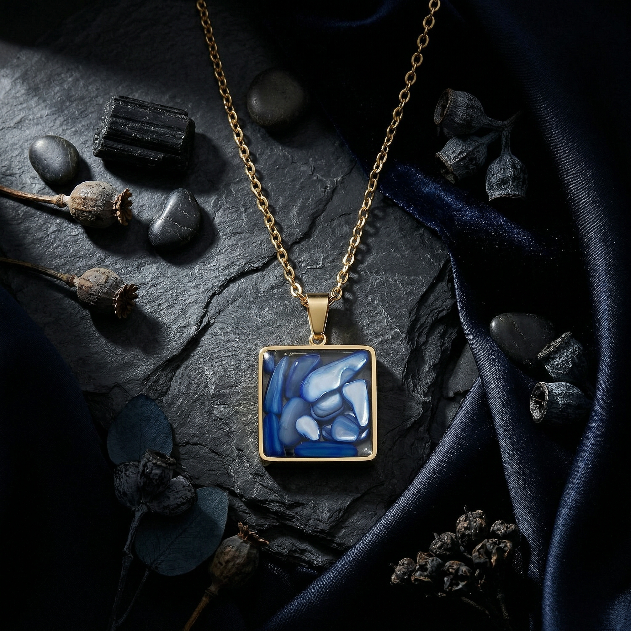 Blue Mosaic Pendant Necklace, 18K Gold Plated Stainless Steel, Square Gold Necklace, Adjustable Chain, Gift for Her