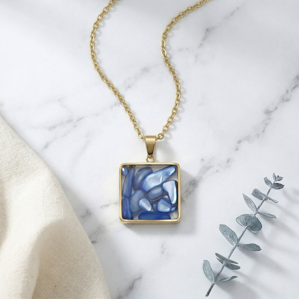 Blue Mosaic Pendant Necklace, 18K Gold Plated Stainless Steel, Square Gold Necklace, Adjustable Chain, Gift for Her