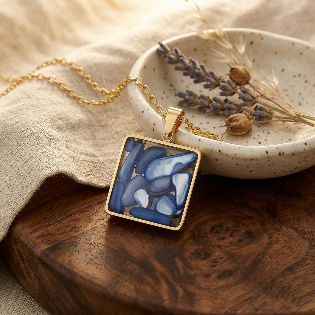 Blue Mosaic Pendant Necklace, 18K Gold Plated Stainless Steel, Square Gold Necklace, Adjustable Chain, Gift for Her