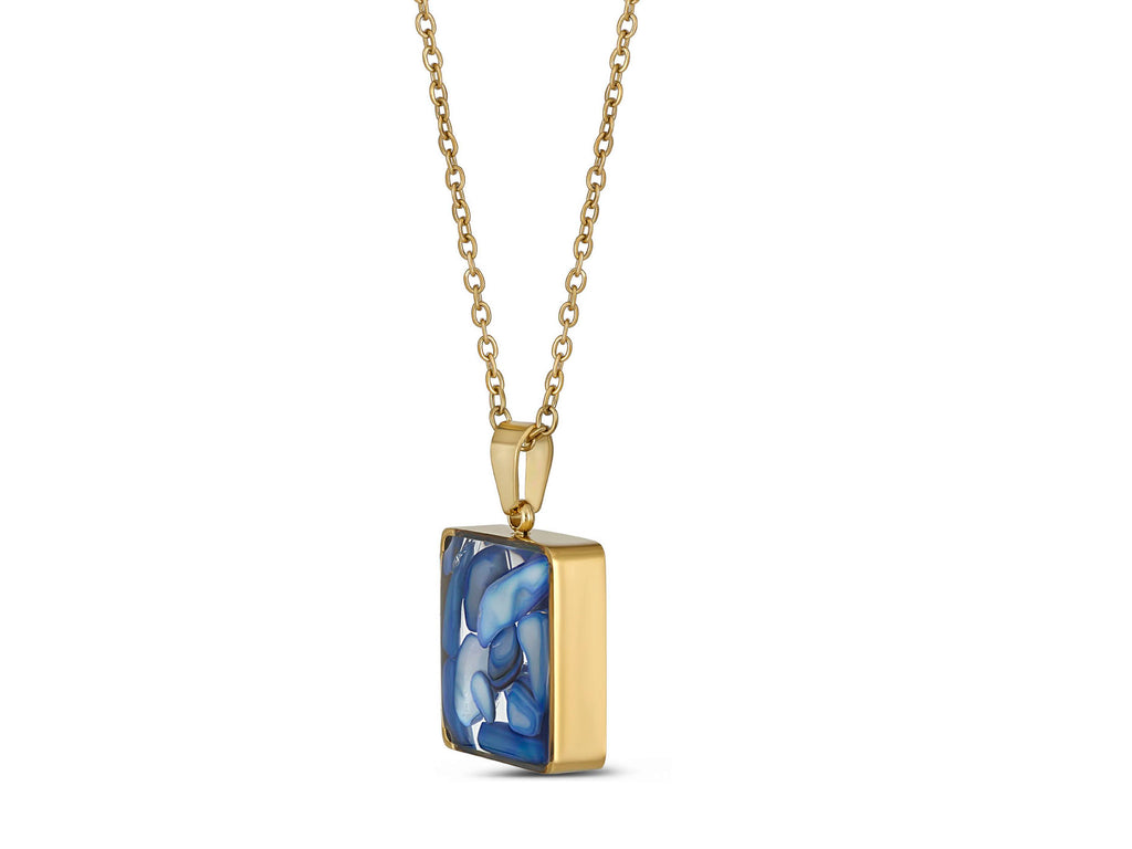 Blue Mosaic Pendant Necklace, 18K Gold Plated Stainless Steel, Square Gold Necklace, Adjustable Chain, Gift for Her