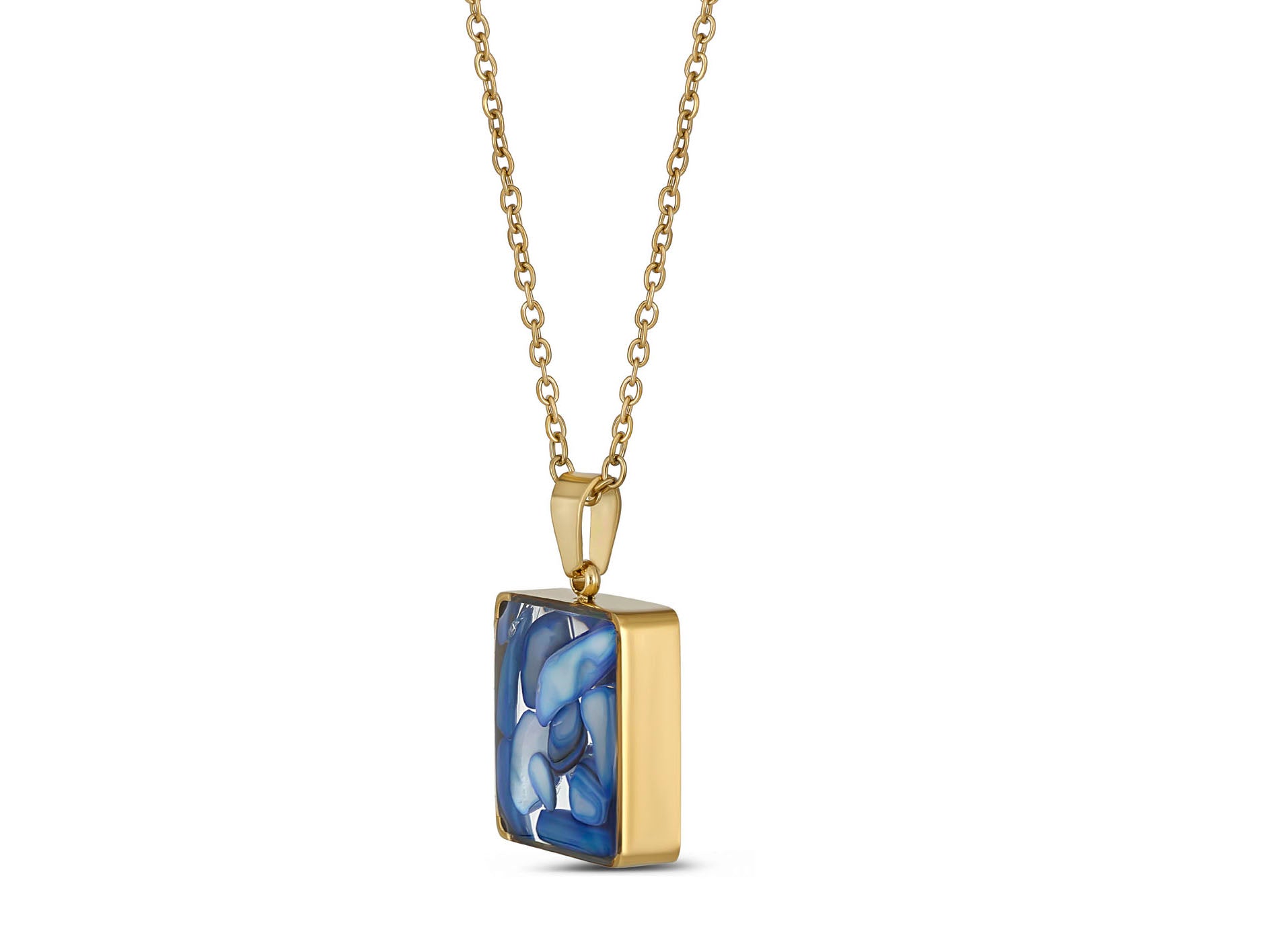 Blue Mosaic Pendant Necklace, 18K Gold Plated Stainless Steel, Square Gold Necklace, Adjustable Chain, Gift for Her
