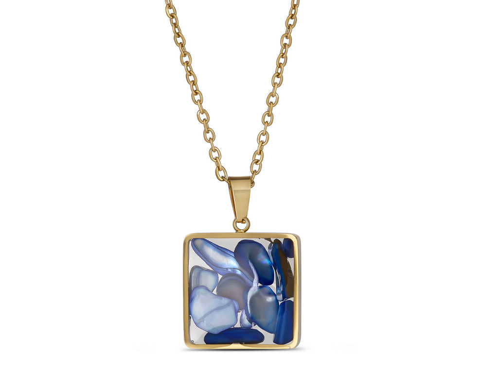 Blue Mosaic Pendant Necklace, 18K Gold Plated Stainless Steel, Square Gold Necklace, Adjustable Chain, Gift for Her