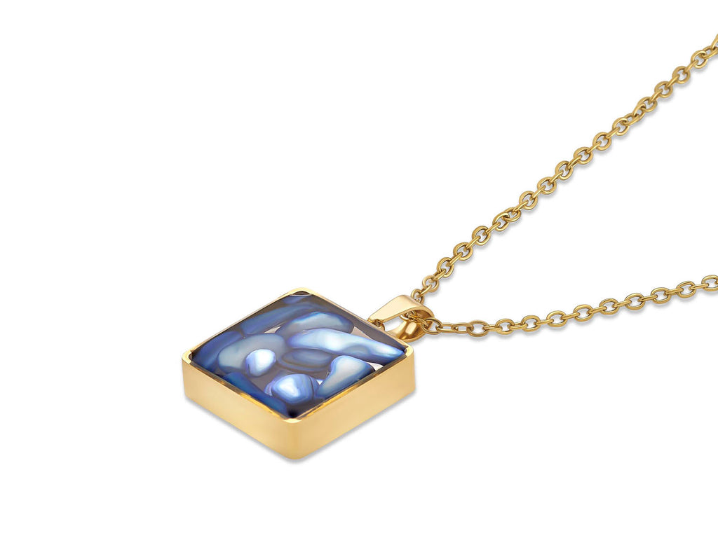 Blue Mosaic Pendant Necklace, 18K Gold Plated Stainless Steel, Square Gold Necklace, Adjustable Chain, Gift for Her