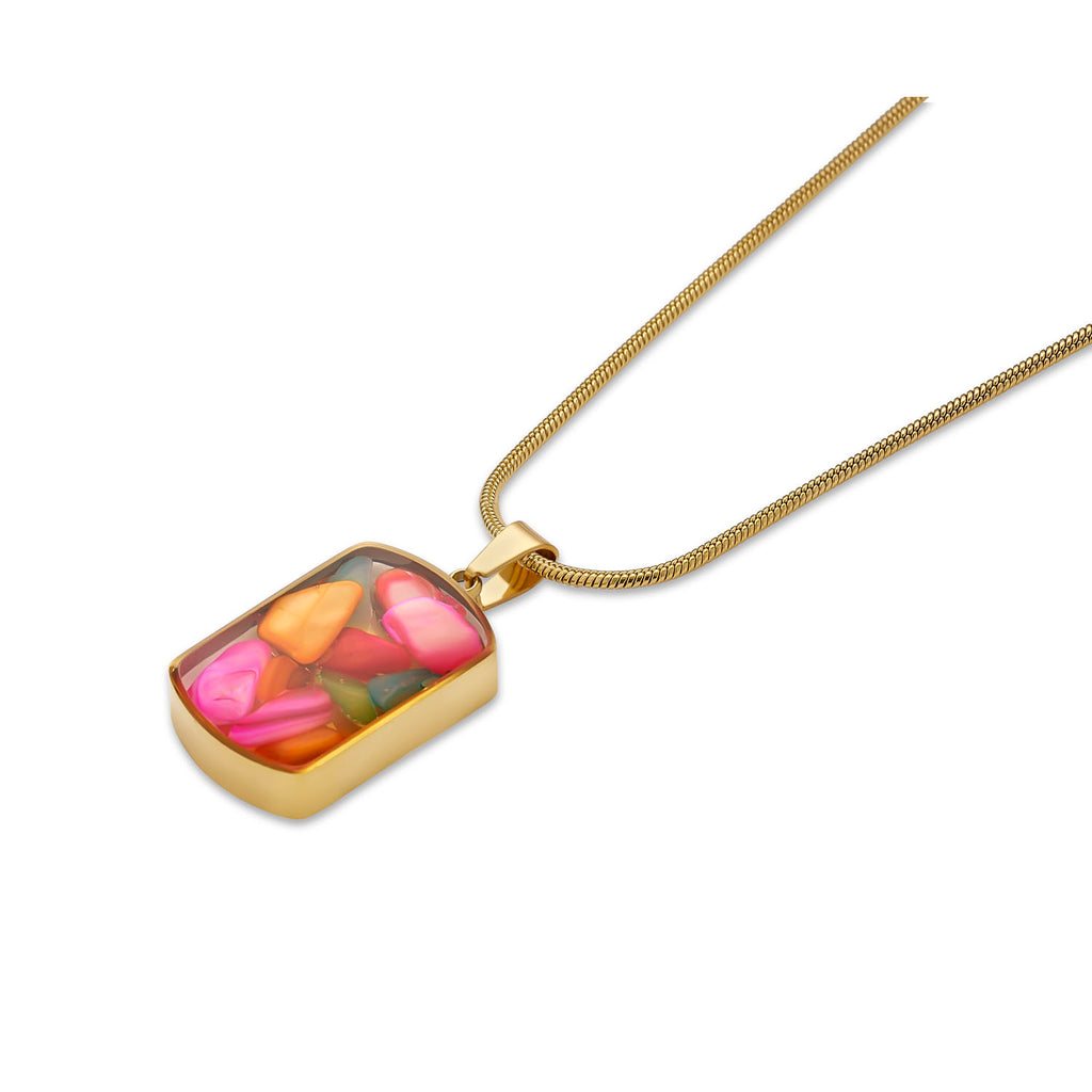 Multicolor Gemstone Resin Pendant Necklace, Gold Snake Chain, Boho Statement Jewelry, Adjustable 15.5-17.5 Inch, Unique Gift for Her