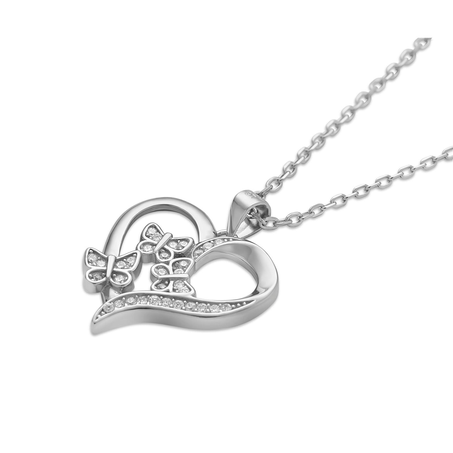 925 Sterling Silver Rhodium Plated Butterfly Heart Necklace