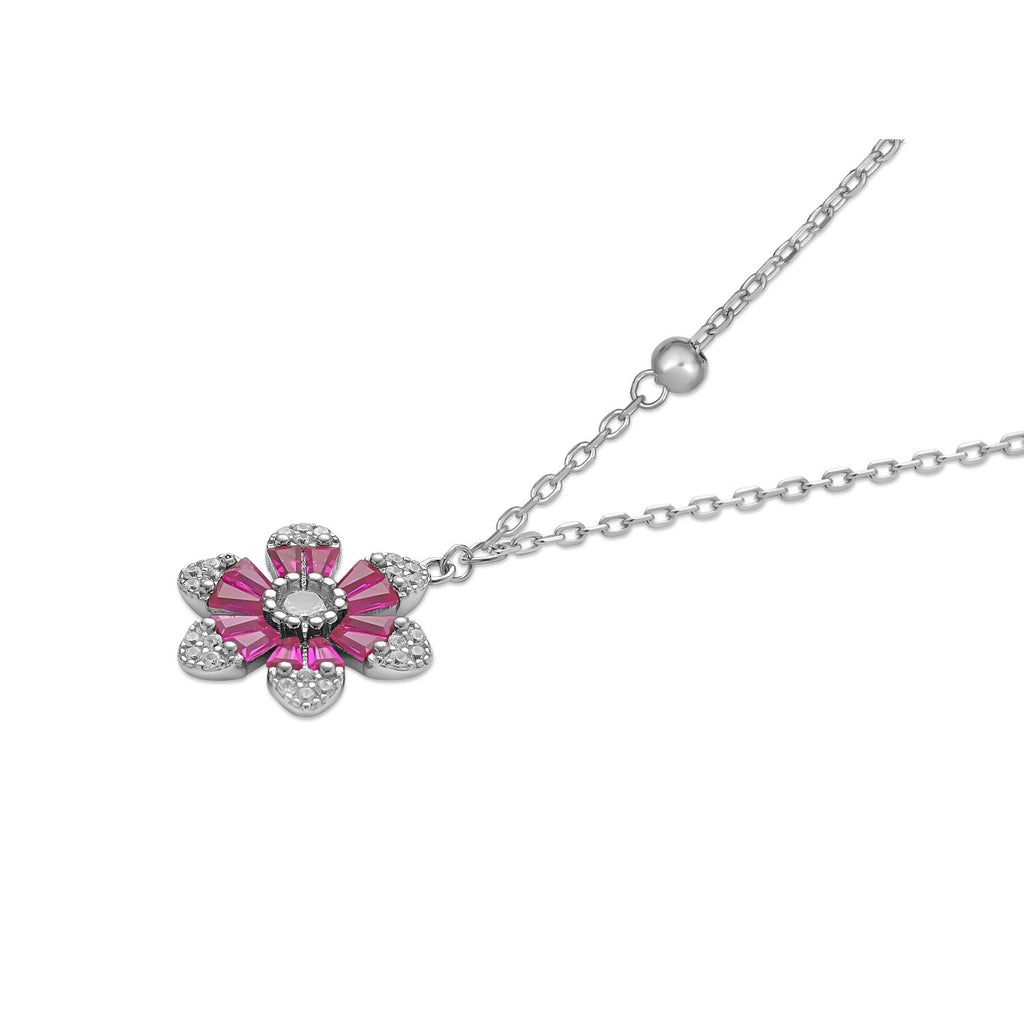 925 Sterling Silver Rhodium Plated Pink Crystal Flower Necklace