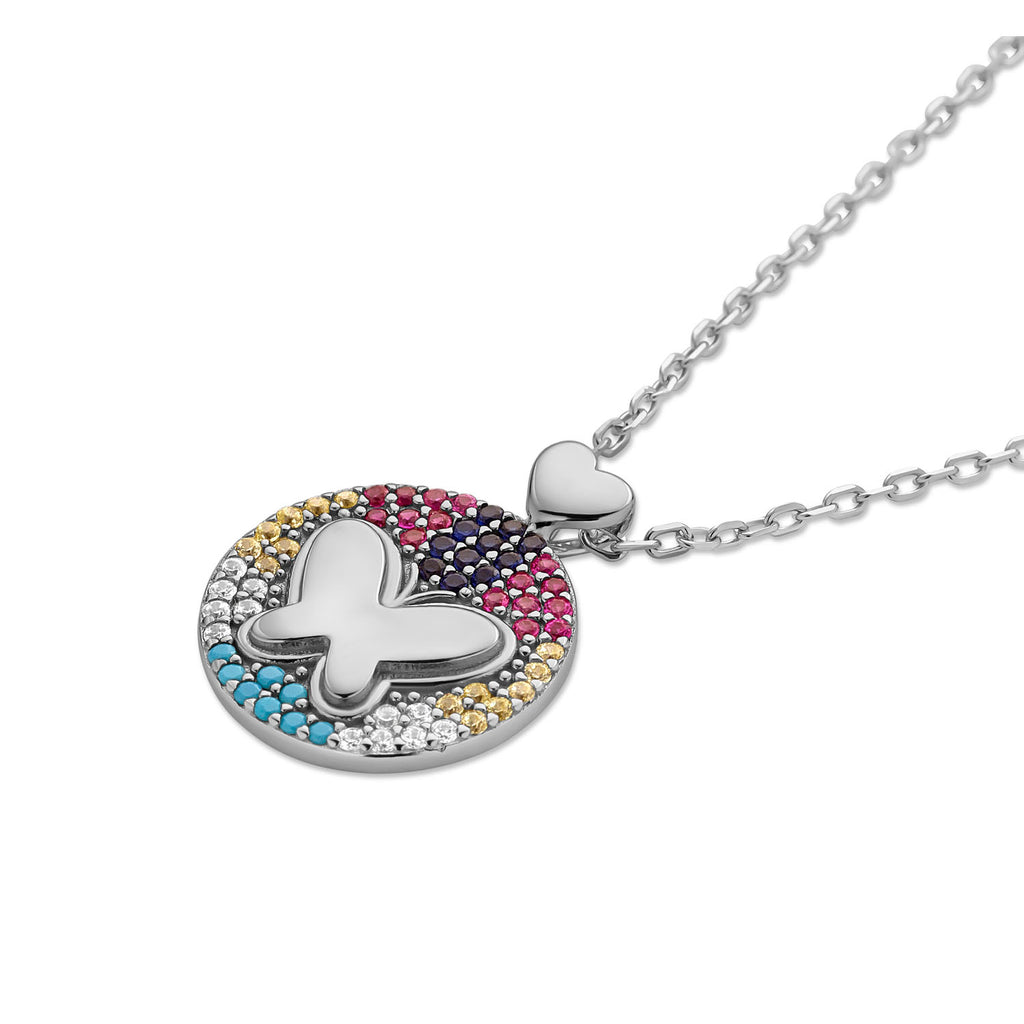 Sterling Silver Butterfly Pendant Necklace - Multicolor CZ Stones
