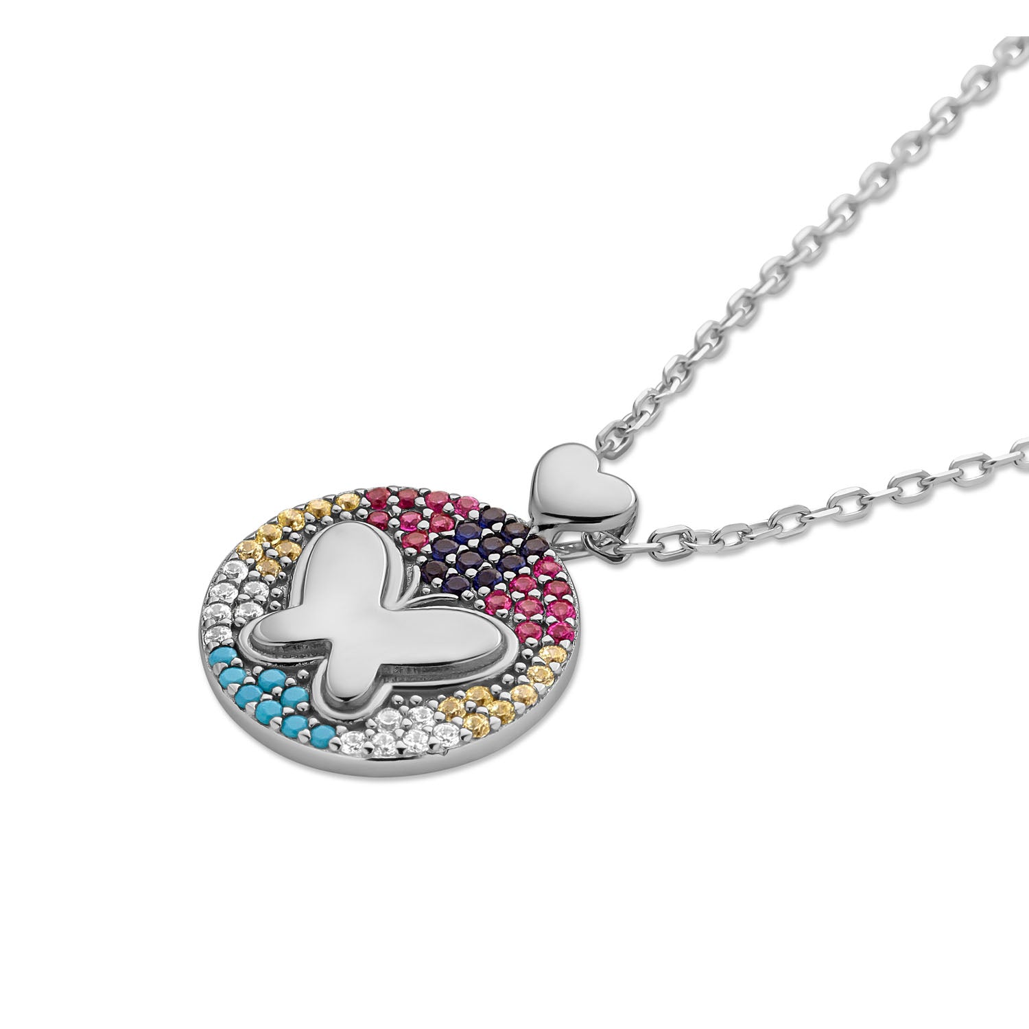 Sterling Silver Butterfly Pendant Necklace - Multicolor CZ Stones