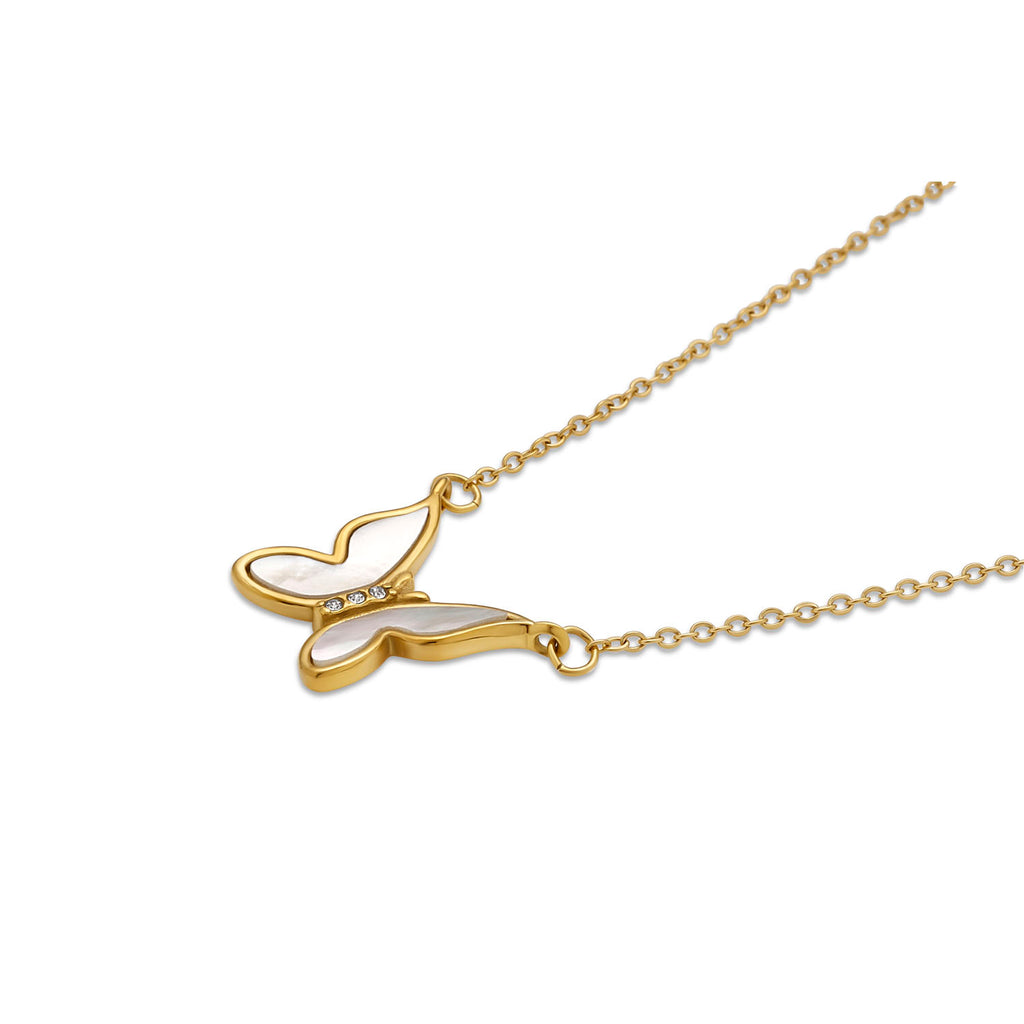 White Iridescent Butterfly Necklace - 18K Gold Plated Stainless Steel