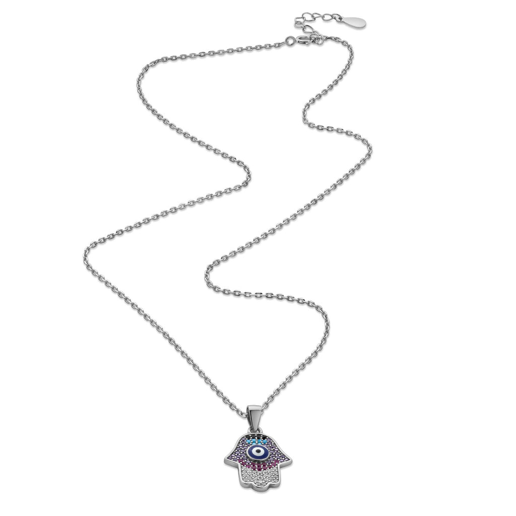 925 Sterling Silver Evil Eye Hamsa Hand Pendant Necklace  Multicolor Stones