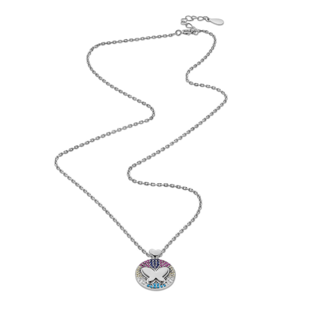 Sterling Silver Butterfly Pendant Necklace - Multicolor CZ Stones