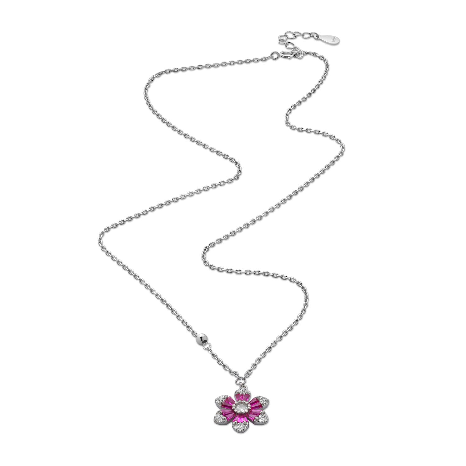 925 Sterling Silver Rhodium Plated Pink Crystal Flower Necklace
