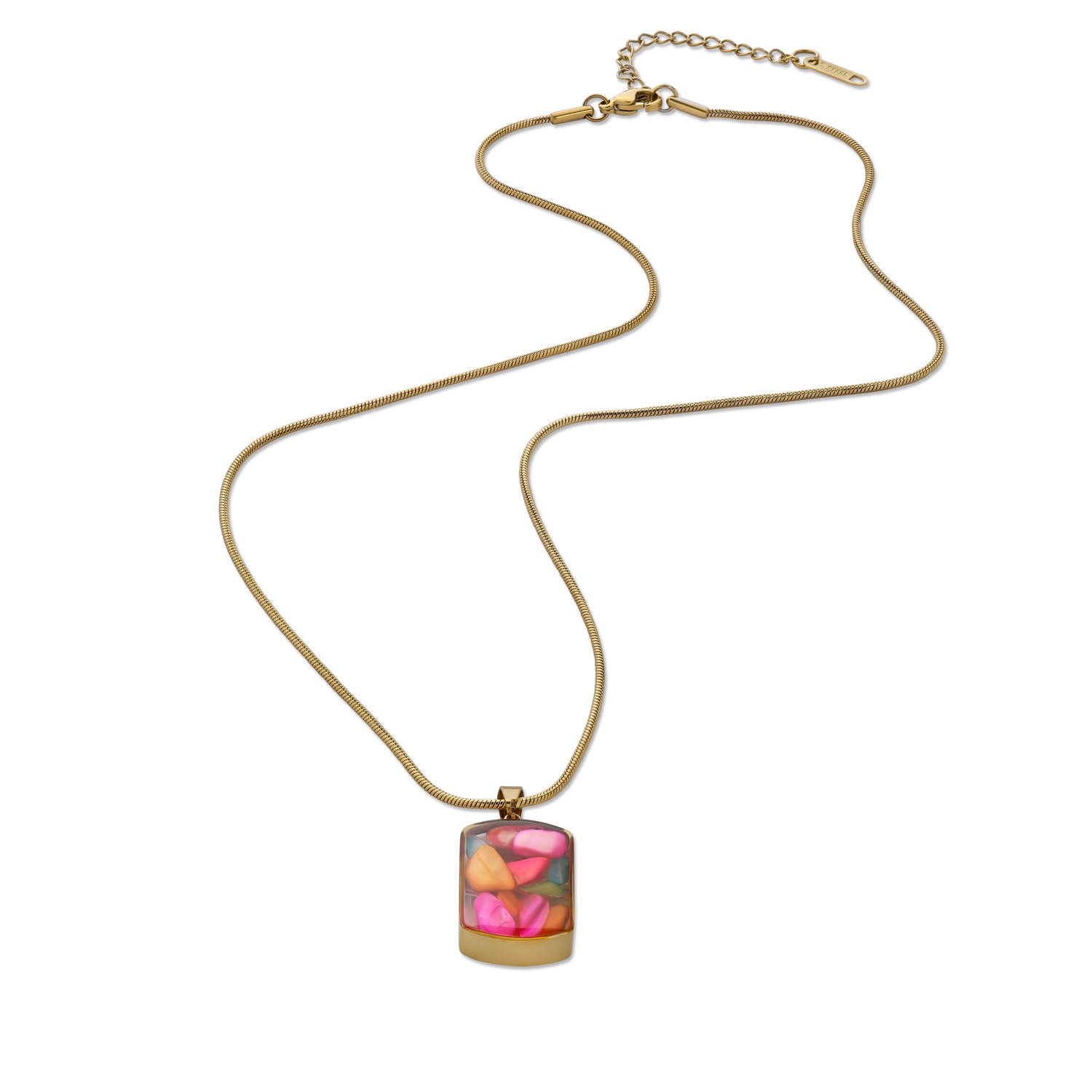 Multicolor Gemstone Resin Pendant Necklace, Gold Snake Chain, Boho Statement Jewelry, Adjustable 15.5-17.5 Inch, Unique Gift for Her