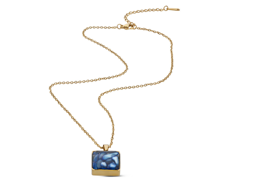 Blue Mosaic Pendant Necklace, 18K Gold Plated Stainless Steel, Square Gold Necklace, Adjustable Chain, Gift for Her