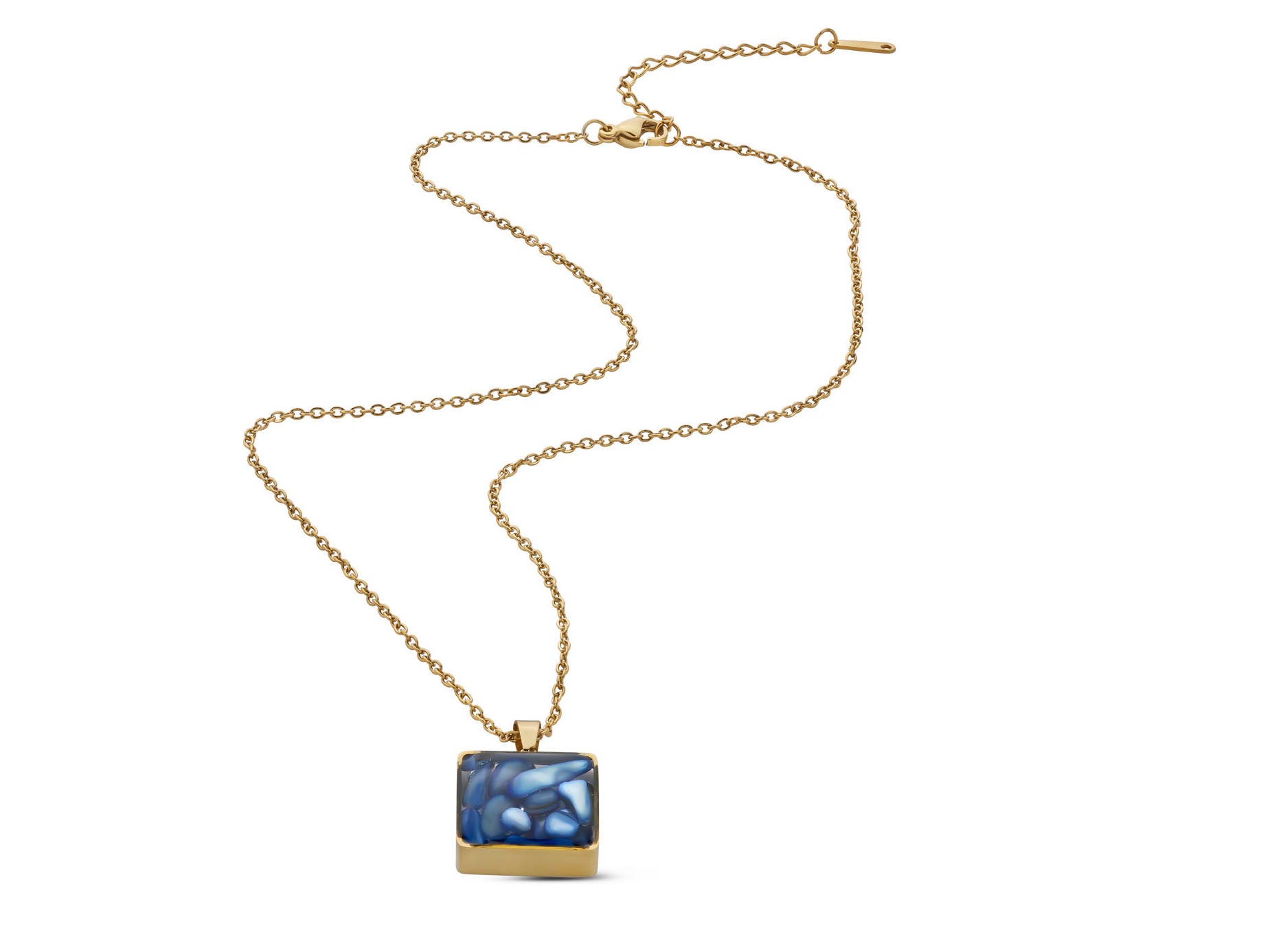 Blue Mosaic Pendant Necklace, 18K Gold Plated Stainless Steel, Square Gold Necklace, Adjustable Chain, Gift for Her