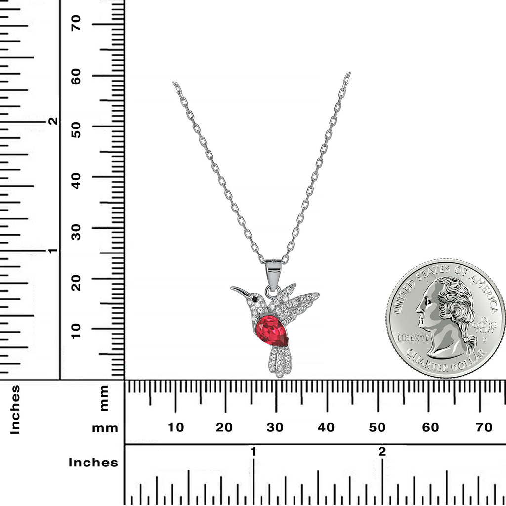 Rhodium Plated Sterling Silver Hummingbird Necklace with Red CZ Stone