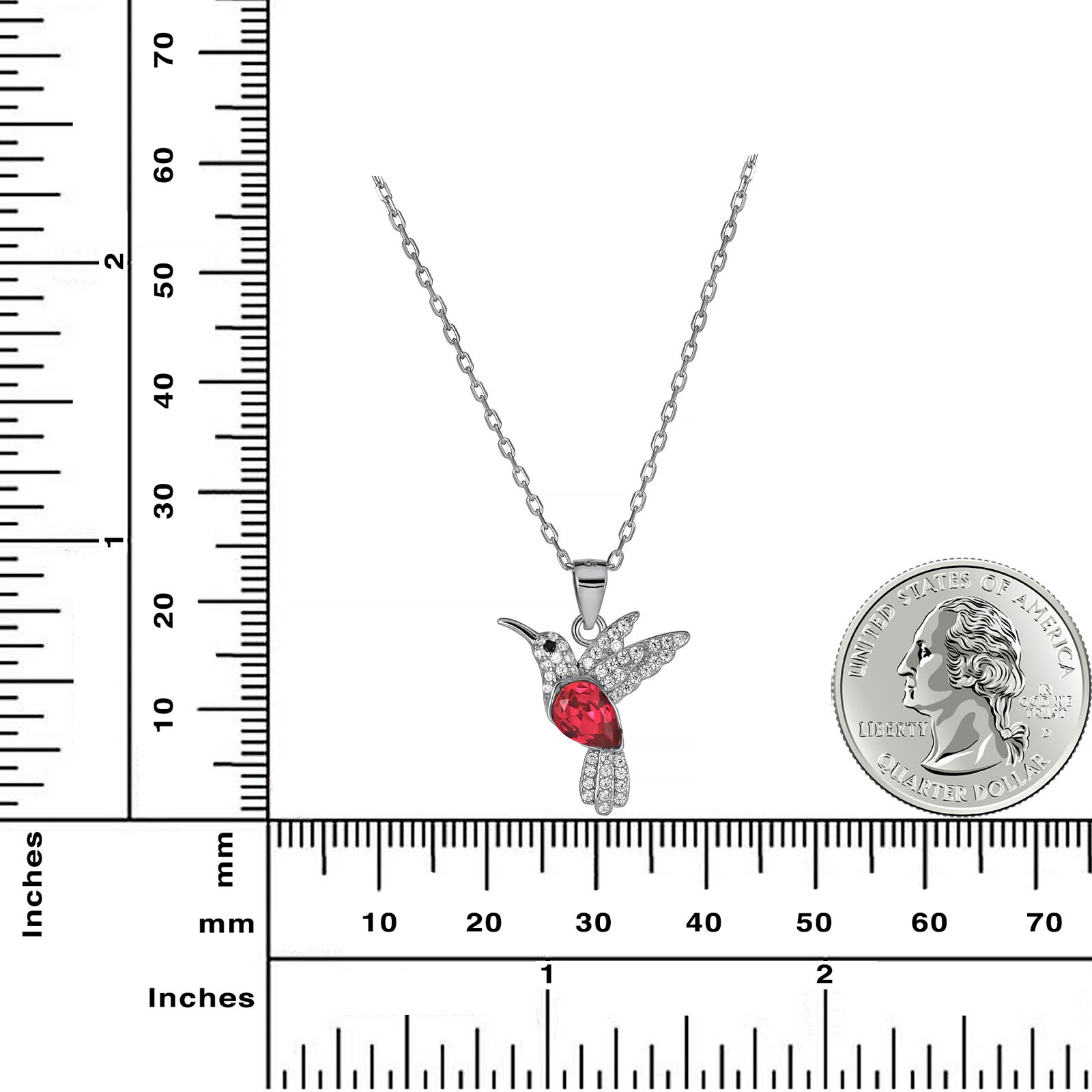 Rhodium Plated Sterling Silver Hummingbird Necklace with Red CZ Stone