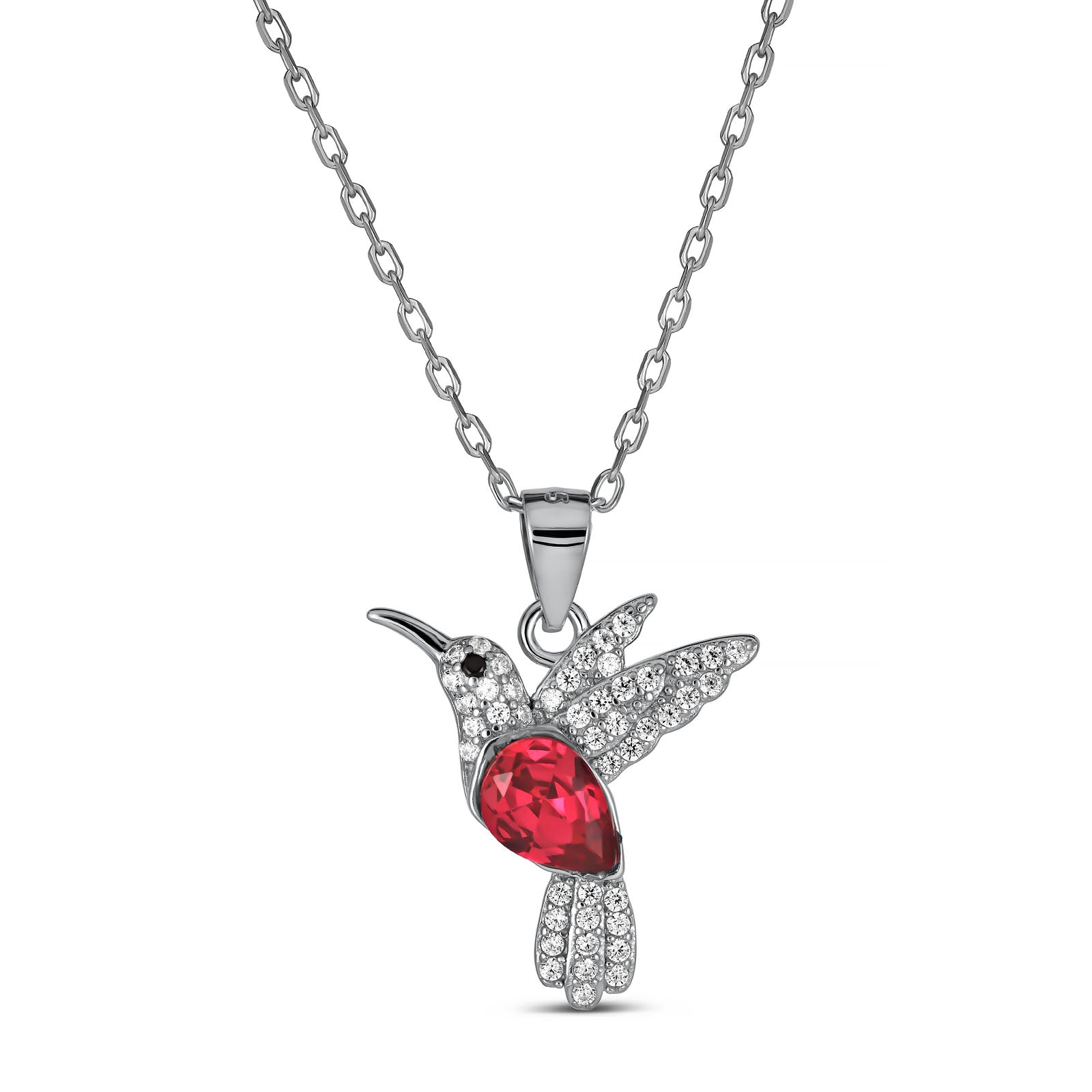 Rhodium Plated Sterling Silver Hummingbird Necklace with Red CZ Stone