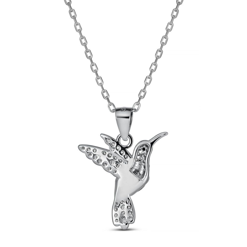 Rhodium Plated Sterling Silver Hummingbird Necklace with Red CZ Stone