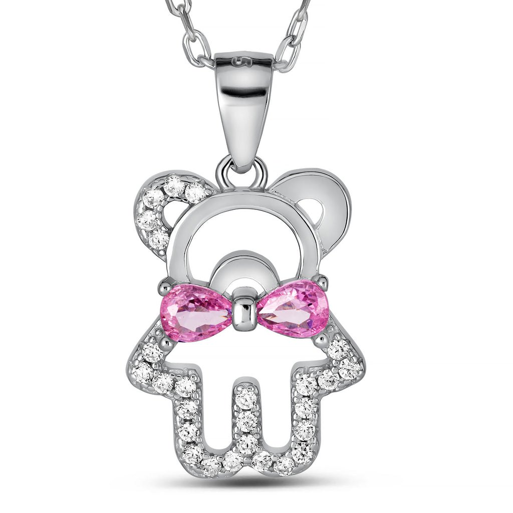 925 Sterling Silver Teddy Bear Necklace Pink Bow & CZ Stones