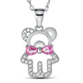 925 Sterling Silver Teddy Bear Necklace Pink Bow & CZ Stones