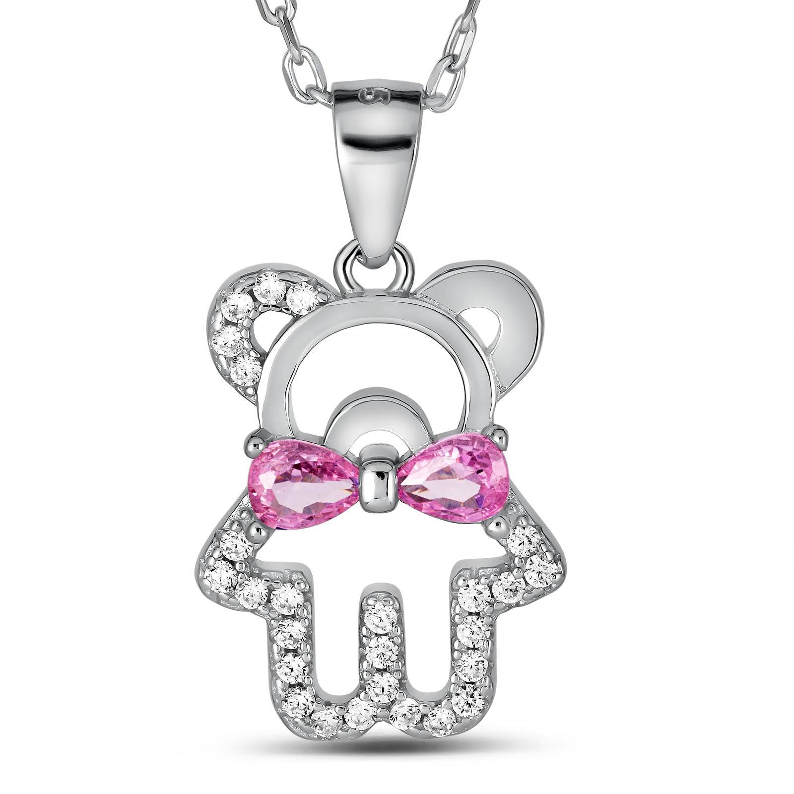 925 Sterling Silver Teddy Bear Necklace Pink Bow & CZ Stones