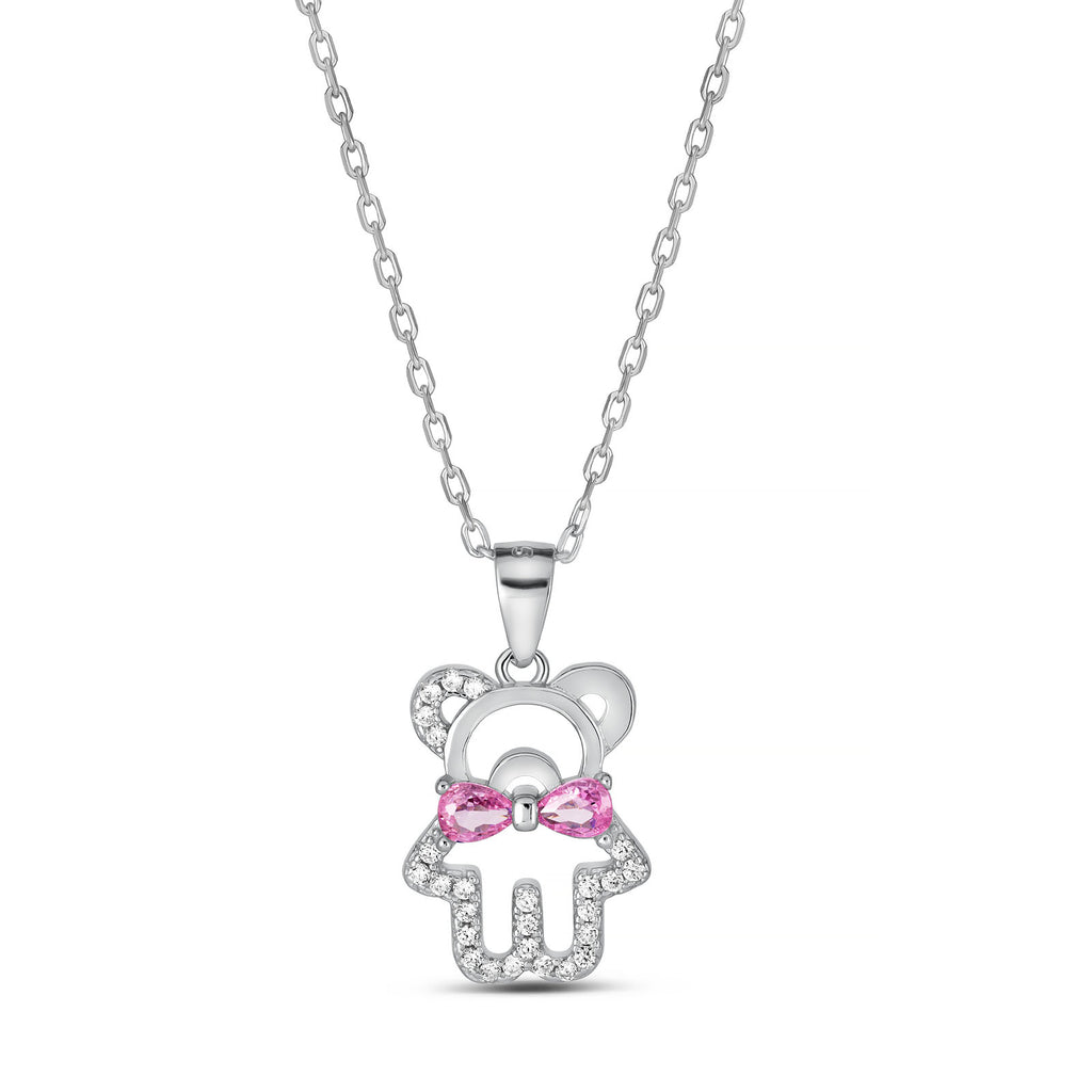 925 Sterling Silver Teddy Bear Necklace Pink Bow & CZ Stones