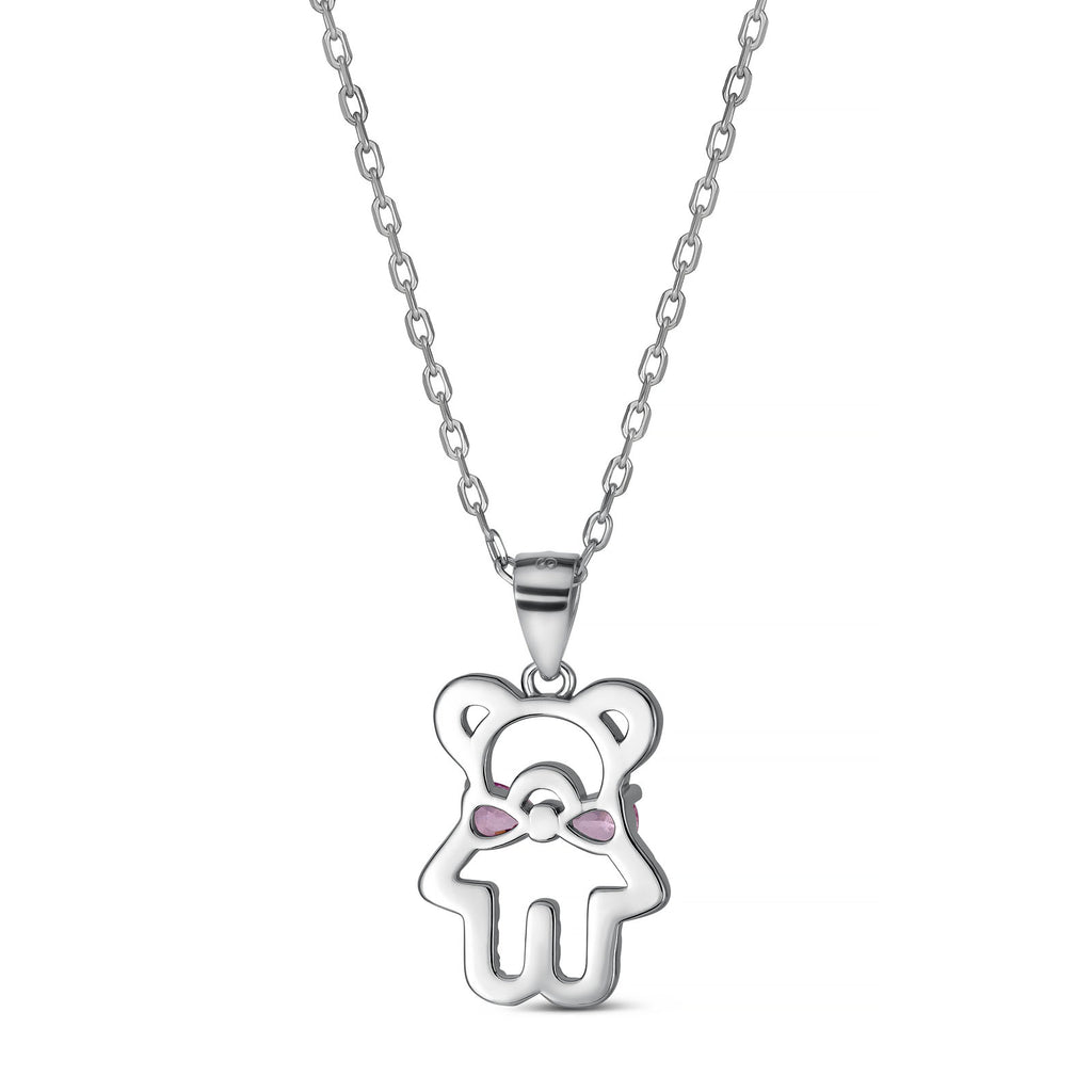 925 Sterling Silver Teddy Bear Necklace Pink Bow & CZ Stones