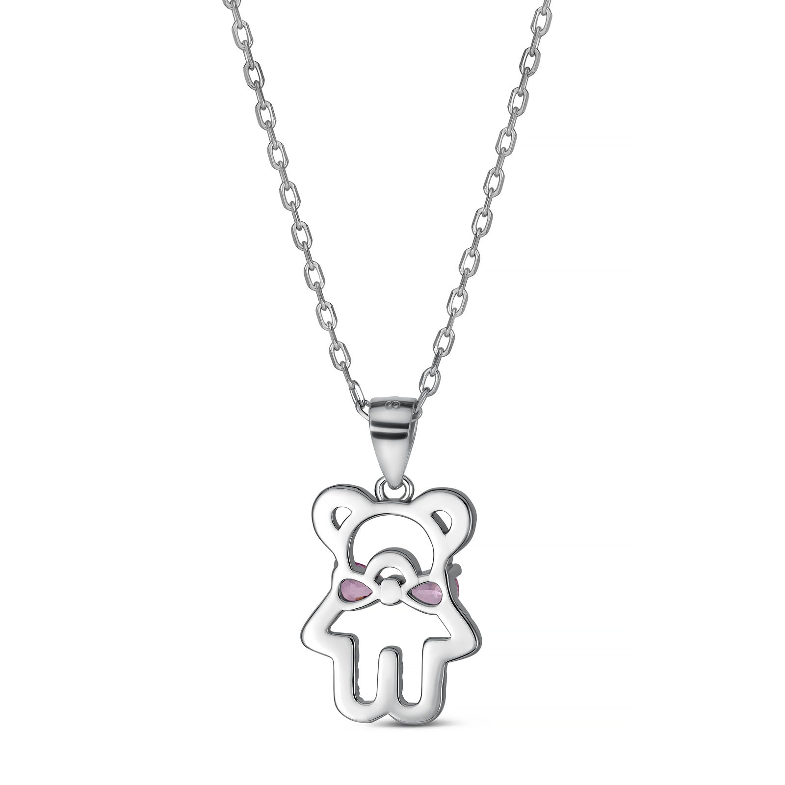 925 Sterling Silver Teddy Bear Necklace Pink Bow & CZ Stones
