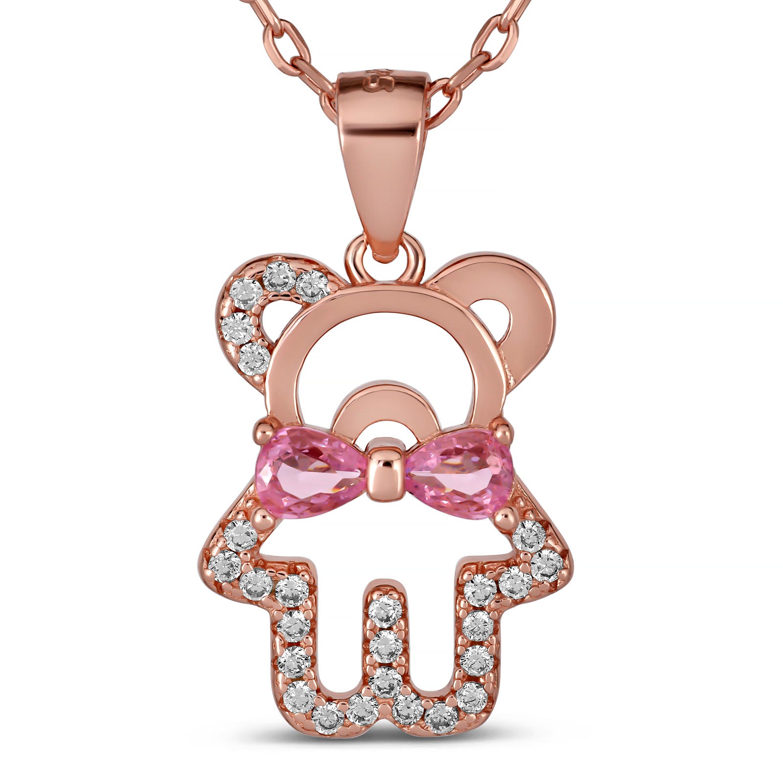 925 Sterling Silver Teddy Bear Necklace Pink Bow & CZ Stones