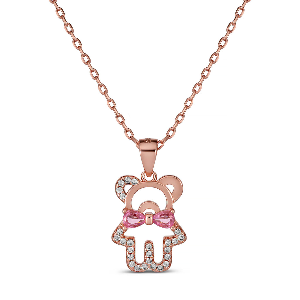 925 Sterling Silver Teddy Bear Necklace Pink Bow & CZ Stones