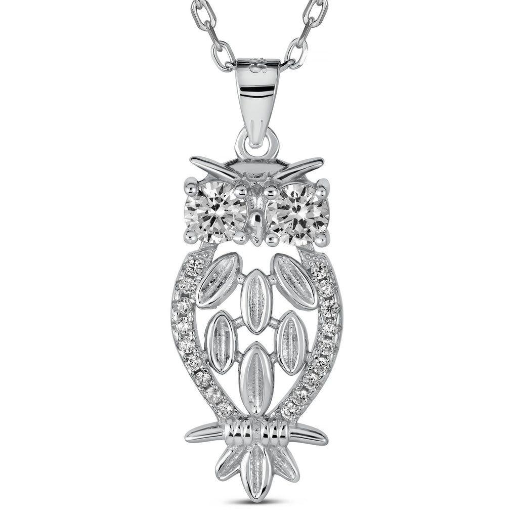 Rhodium Plated 925 Sterling Silver Owl Pendant Necklace