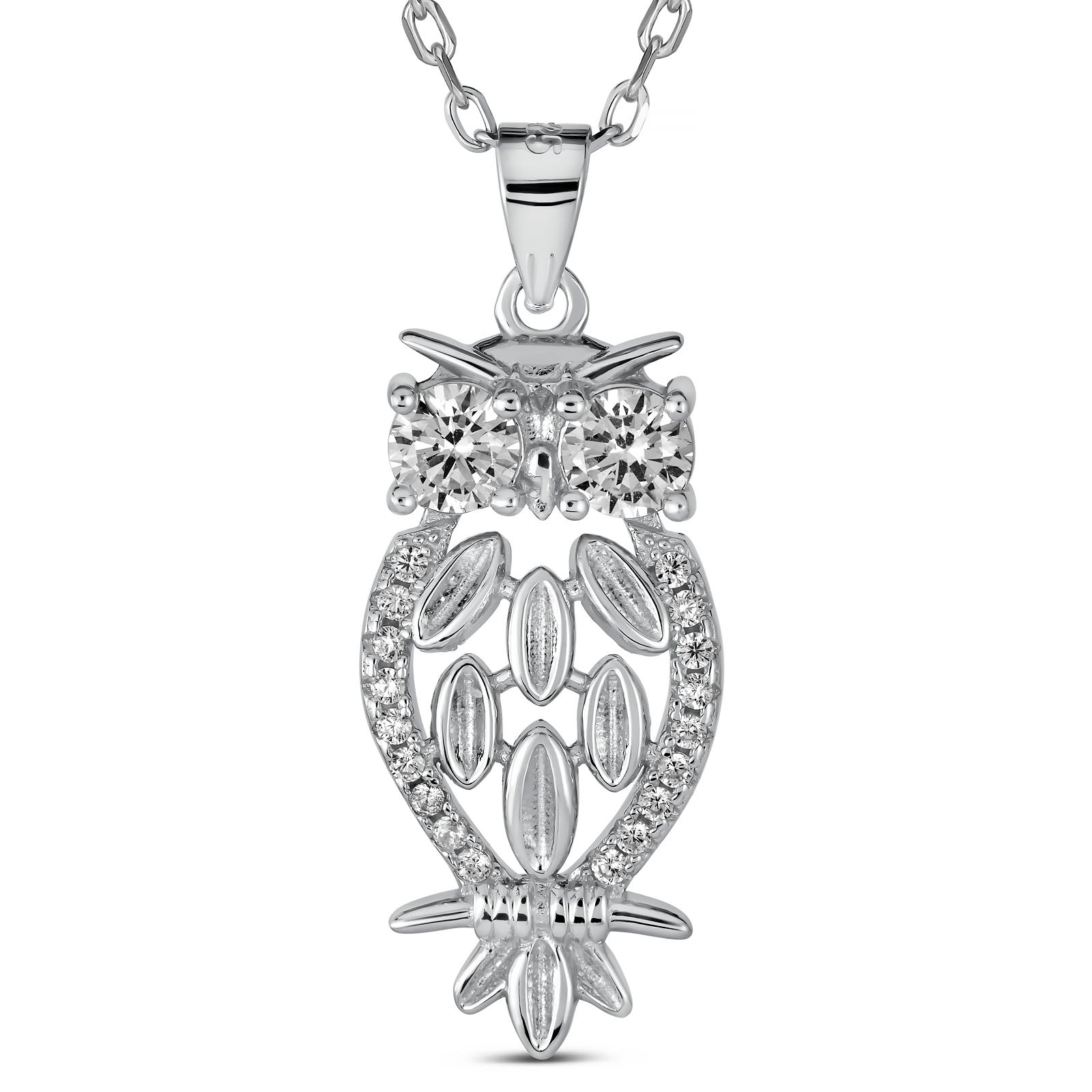 Rhodium Plated 925 Sterling Silver Owl Pendant Necklace