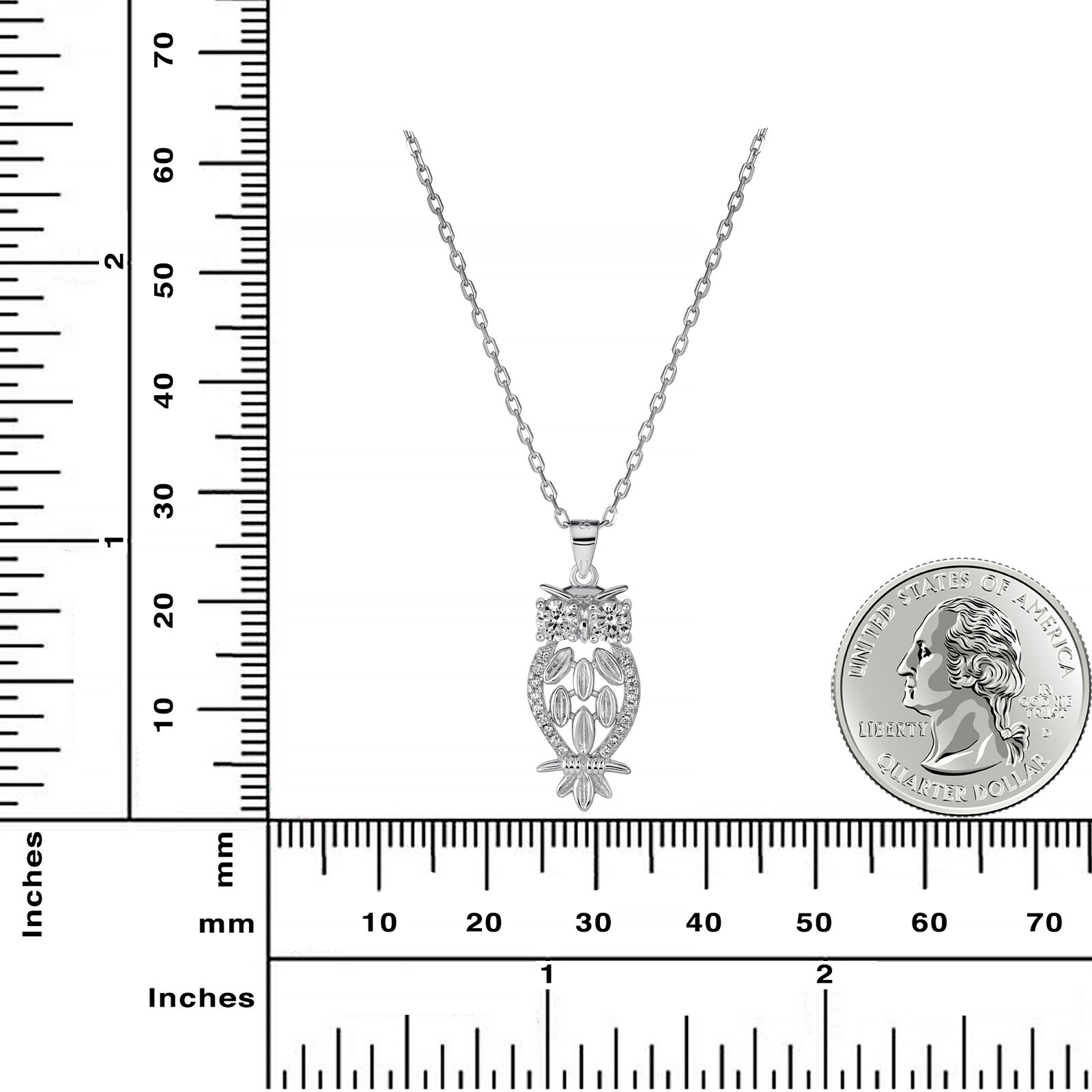 Rhodium Plated 925 Sterling Silver Owl Pendant Necklace