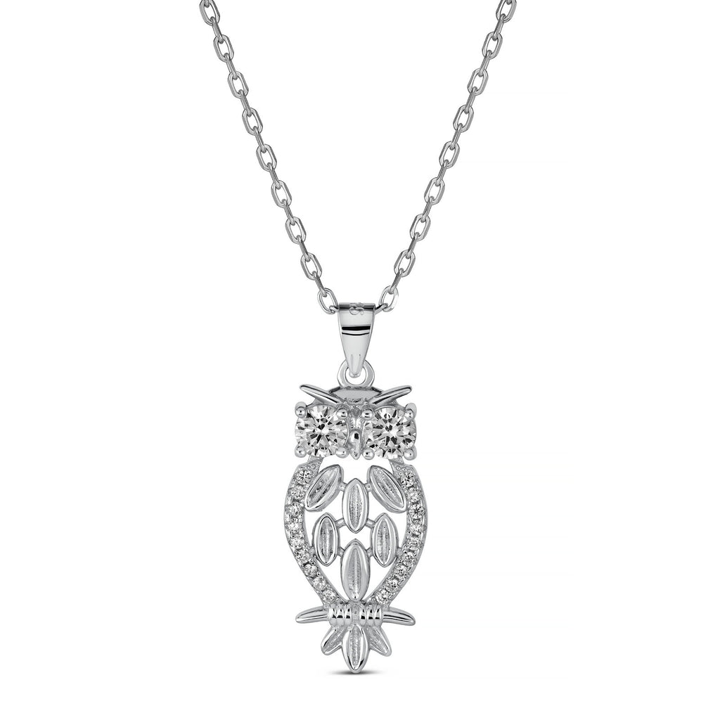 Rhodium Plated 925 Sterling Silver Owl Pendant Necklace