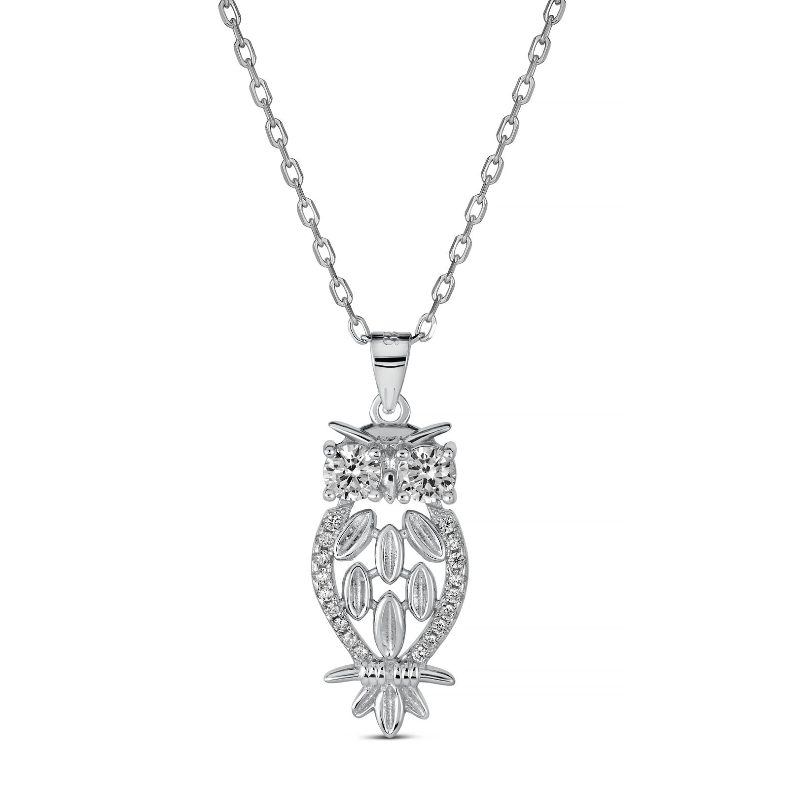 Rhodium Plated 925 Sterling Silver Owl Pendant Necklace